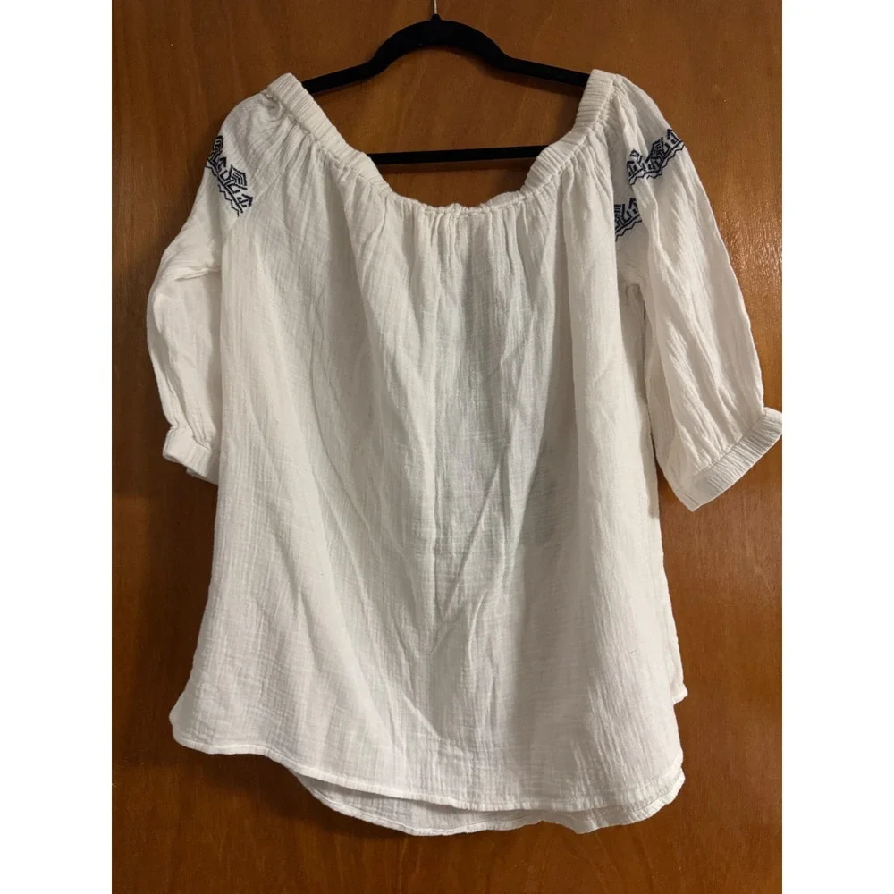 Beachlunchlounge White Cotton Gauze Embroidered Peasant Blouse XL Boho Top - Picture 4 of 5